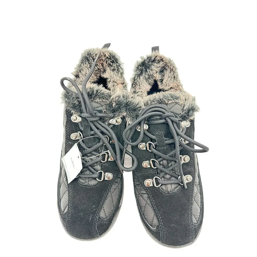 Lands' End NWB SZ 8 Womens Faux Fur Lining Quilted Black Suede Powder Belle Shoe